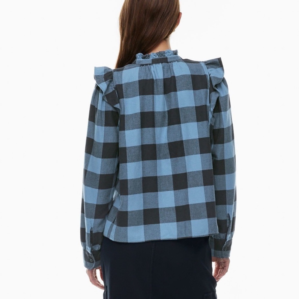 Aritzia Wilfred Free Plaid Ruffle Blue Button Down Top (M) - Picture 2 of 4
